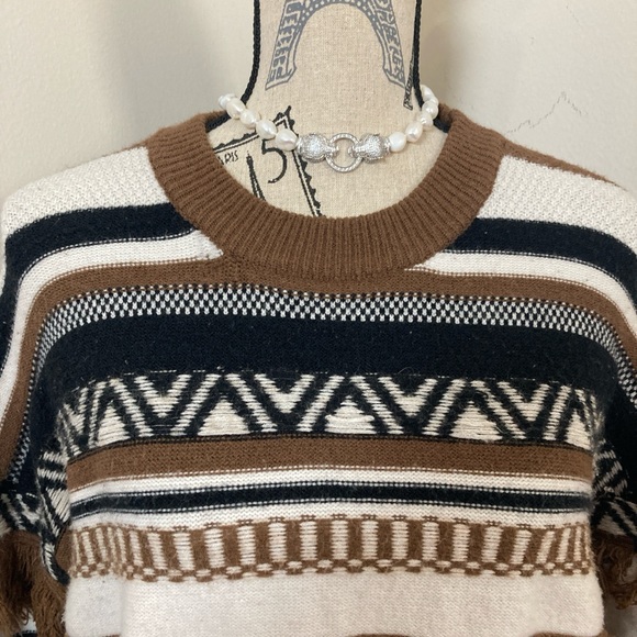 Women’s Brown White Cream Black Stripes with Fringes on the LS Knit Sweater - Picture 2 of 5